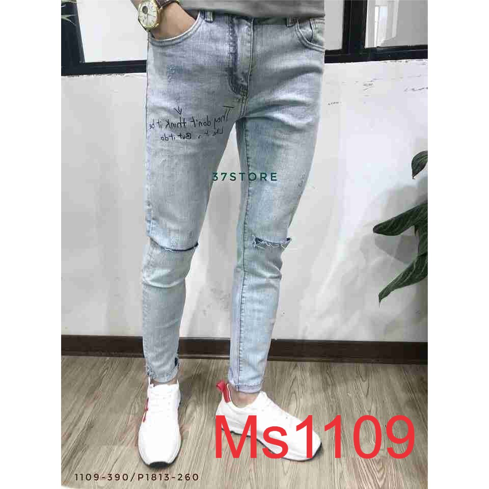Quần jean nam xanh chất bò rách gối co giãn chữ nổi thời trang cao cấp AHFASHION ms9600 | BigBuy360 - bigbuy360.vn