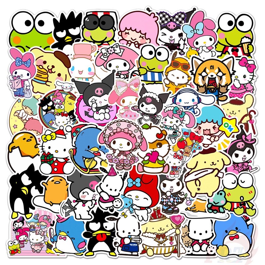 Set 100 miếng sticker nhân vật hoạt hình Melody Kuromi Kerokero Keroppi Cinnamoroll Hello Kitty dán trang trí DIY