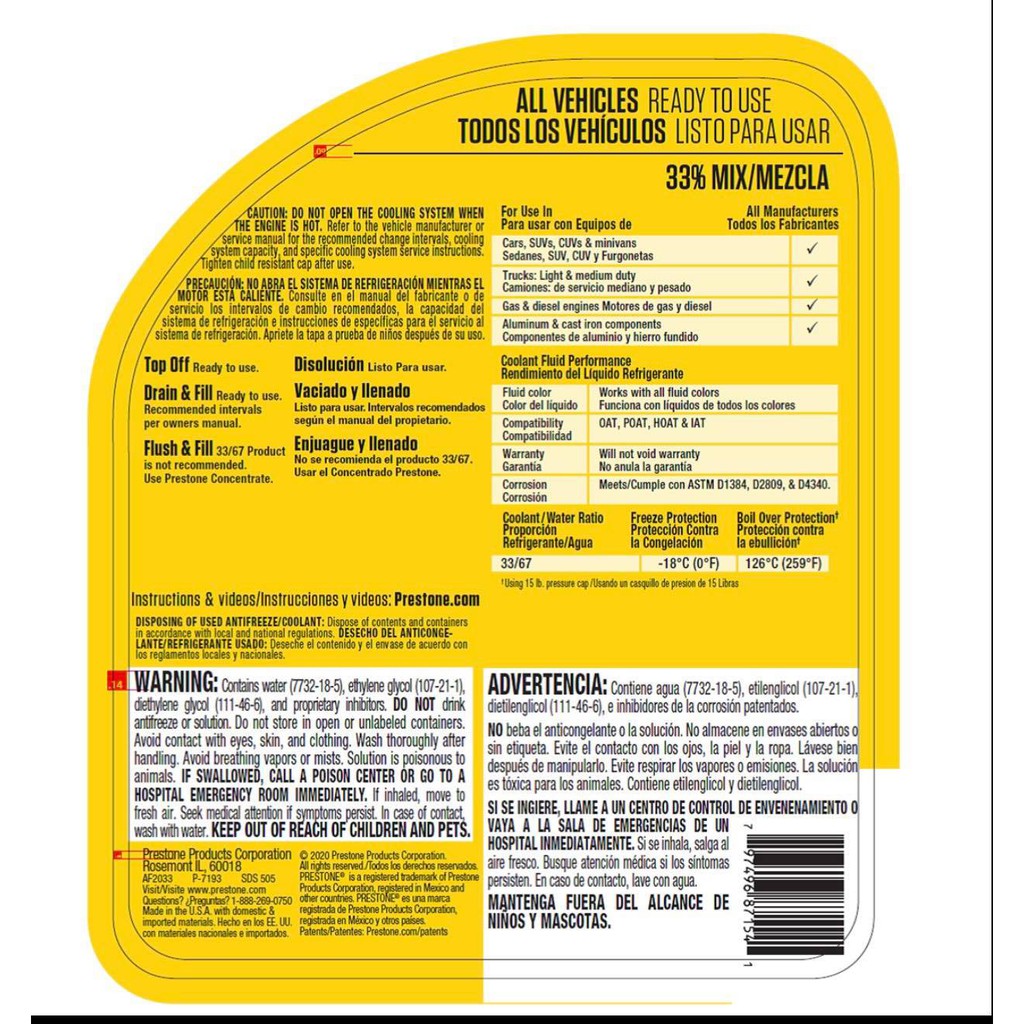 Nước làm mát màu xanh Prestone 33%  - Mỹ