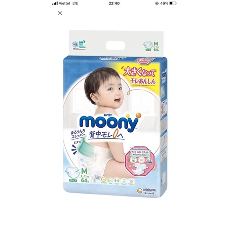 Bỉm dán, bỉm quần MOONY các size NB90/S84/M64/M58/L54/L44, XL38