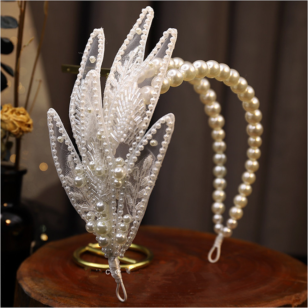 Băng đô hình lá đính pha lê ngọc trai nhân tạo thời trang cho cô dâu