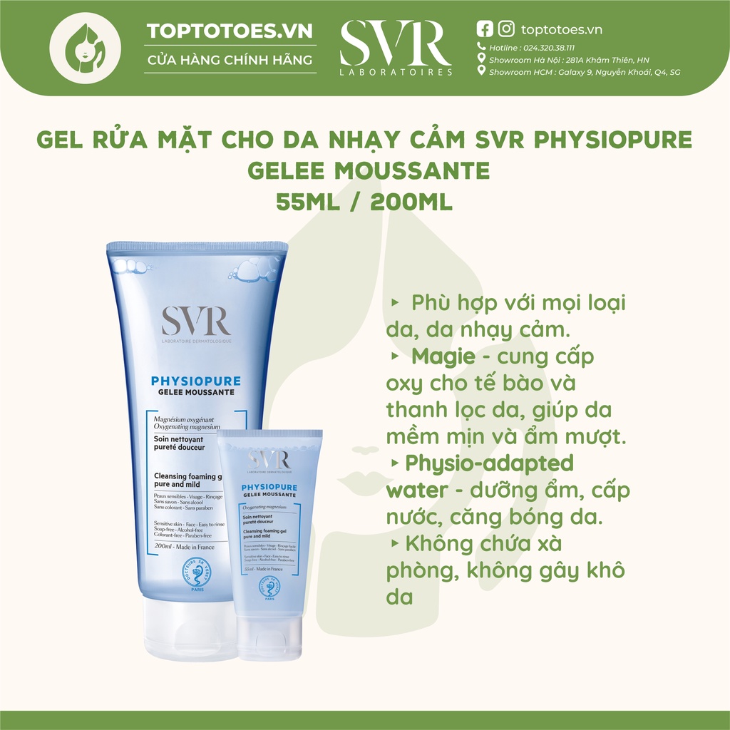 Gel rửa mặt cho da nhạy cảm SVR Physiopure Gelee Moussante 55ml/ 200ml [NHẬP KHẨU CHÍNH HÃNG 100%]