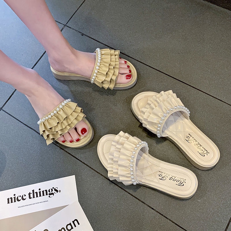 Dép Sandal Đi Biển Đế Mềm Đính Hạt Ngọc Trai Dành Cho Nữ