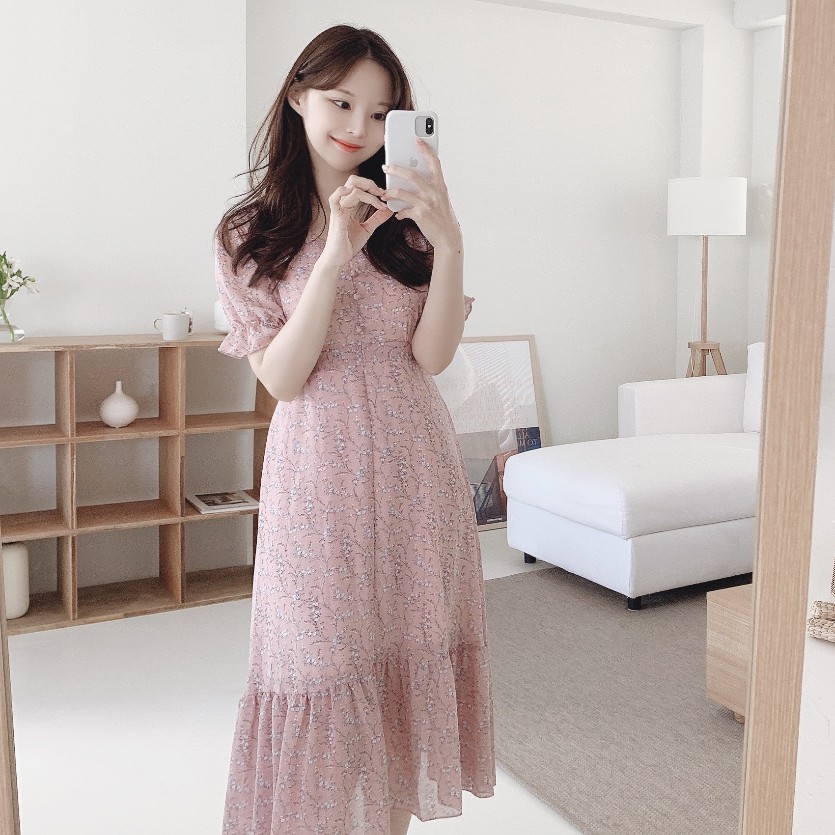 Đầm Tay Ngắn Cổ Chữ V In Hoa Phong Cách Hàn Quốc 43824