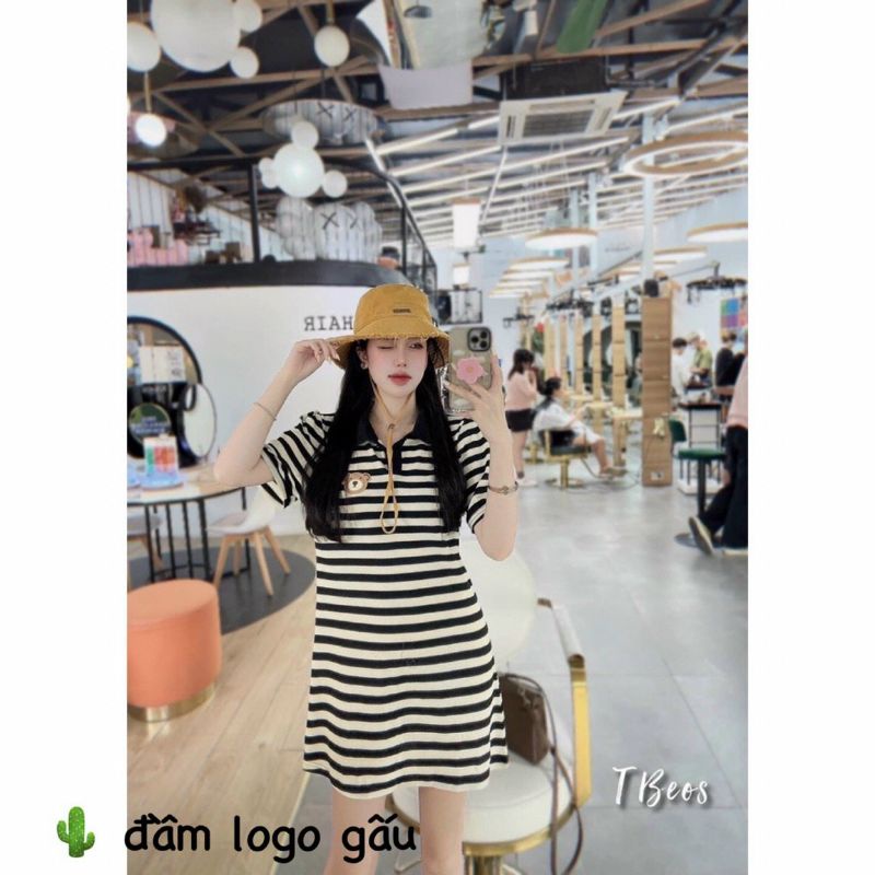 🅰️ Đầm polo nữ sọc đen trắng thêu gấu, chất thun gân, Size: <52kg