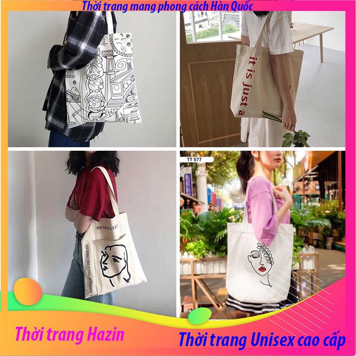 Túi tote vải bố đựng đồ canvas phong cách Hàn Quốc, phù hợp với đi học đi làm