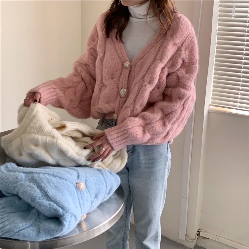 Áo khoác cardigan dệt kim cổ chữ V dáng rộng phong cách Hàn Quốc mới cho nữ sinh