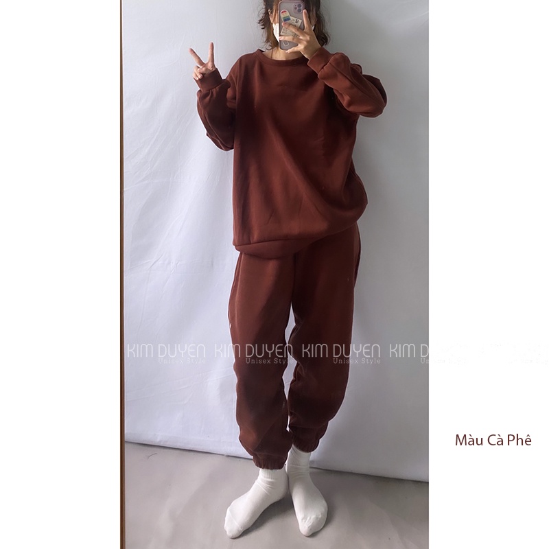 Set Bộ Nỉ Áo Sweater Quần Dài Set Bộ Nỉ Ngoại Tay Phồng Form Rộng Phong Cách Ulzzang Basic