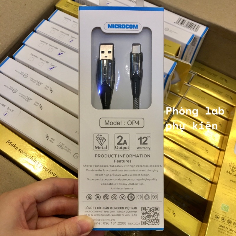 Cáp sạc nhanh Type C Opal OP4 2A MICROCOM dài 1M có đèn báo tự ngắt, dây dù chống đứt gãy