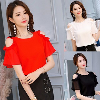 Áo chiffon trễ vai phối bèo