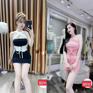 Sét váy body cổ yếm phối đai bụng siêu xinh