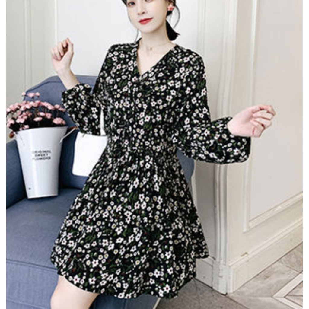 Đầm thời trang mùa hè dáng suông tay dài cổ chữ V hoạ tiết hoa nhỏ