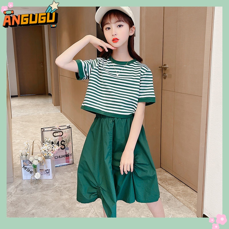 Set Đồ Mùa Hè 2022 Gồm Áo Thun Kẻ Sọc + Chân Váy Màu Trơn Cho Bé Gái Từ 3-4 - 5-6 - 7 Đến 8-9 - 10-11 - 12-13 Tuổi