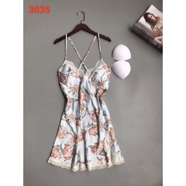 Váy ngủ lụa hoa xẻ đùi se.xy kèm mút ngực _Đầm Hai dây mặc nhà gợi cảm 3035