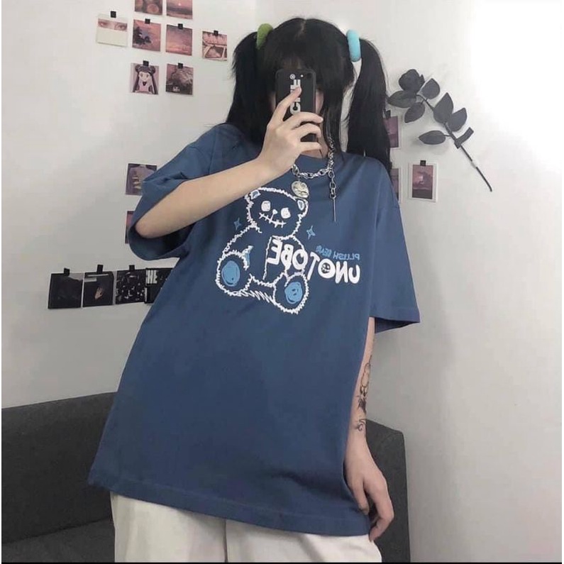 Áo Thun Tay Lỡ Form Rộng Unisex, Áo Thun Gấu Vá Miệng Siêu Cute (Kèm Ảnh Thật)