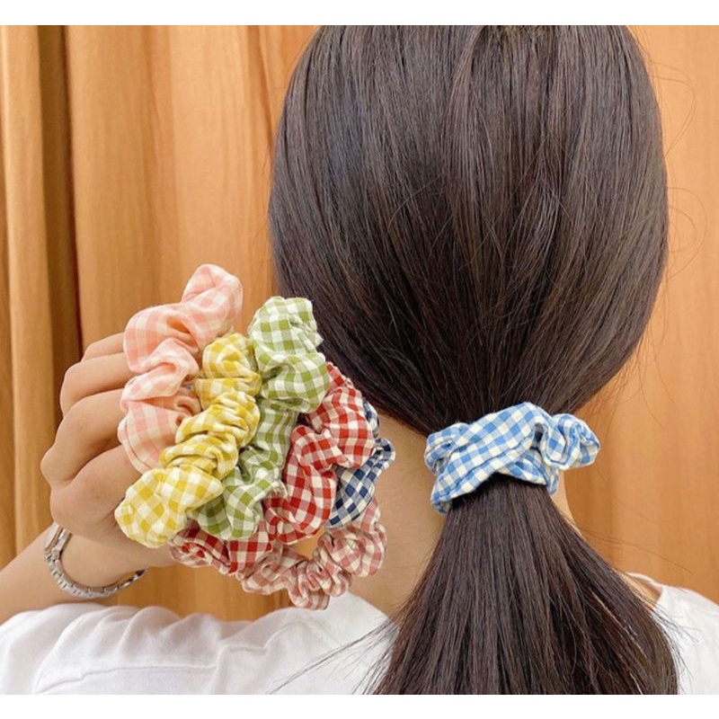Dây buộc tóc, cột tóc vải scrunchies caro cao cấp