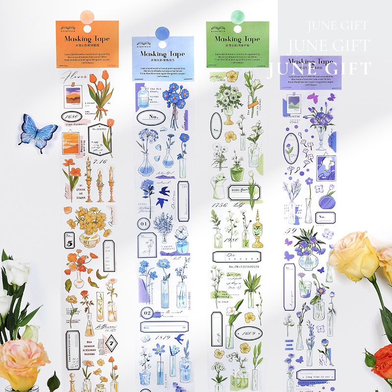 Dải sticker masking tape hoa 4 mùa trang trí sổ bullet journal