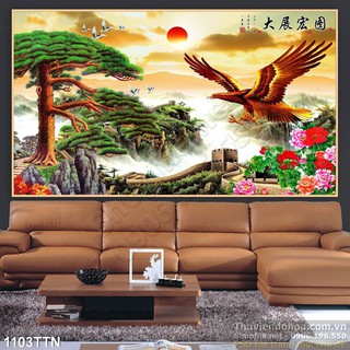Tranh Dán Tường 3D, Phòng khách- Đã tích hợp sẵn keo- Sơn Thủy Hữu Tình