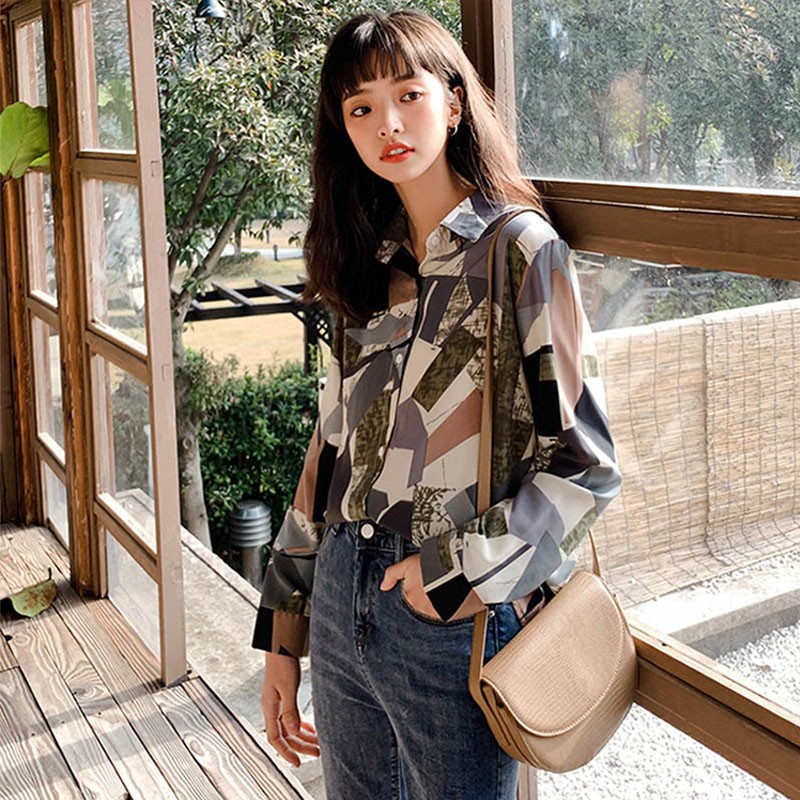 Áo Sơ Mi Tay Dài In Họa Tiết Phong Cách Retro Cho Nữ