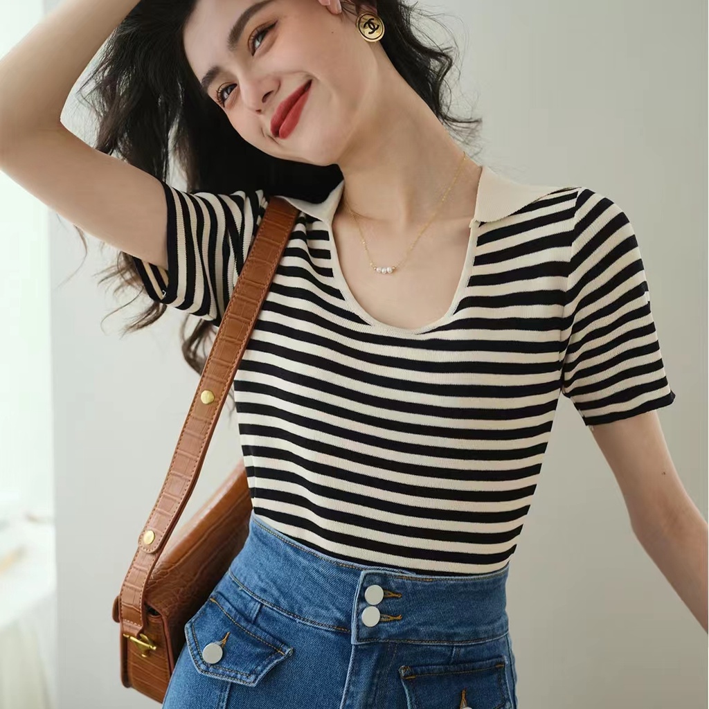 SUXI Áo Thun Ngắn Tay Cổ V Họa Tiết Sọc Ngang Đơn Giản Dễ Phối Đồ Cho Nữ