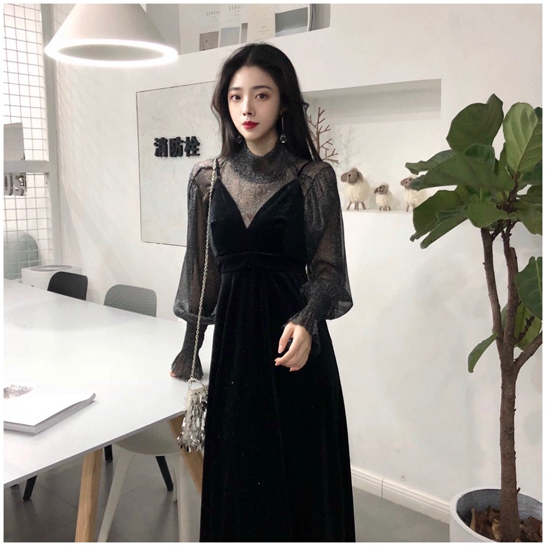 (Sẵn M) M29 - Đầm nhung Ulzzang dáng dài phối lưới kim sa sang trọng có Bigsize