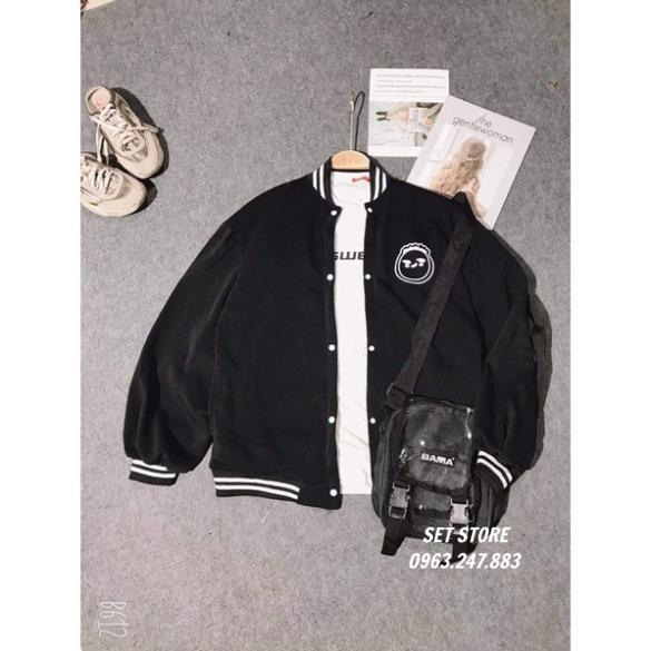 Áo Khoác bomber mặt cười màu đen,áo kiểu thu đông Nam Nữ chất nỉ  tay bồng <55kg, mặc đôi nhóm,lớp | BigBuy360 - bigbuy360.vn