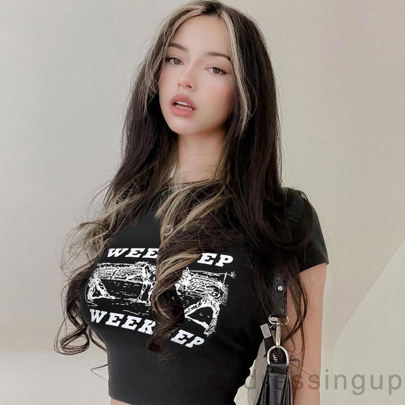 DRESSINGUP-Áo Thun Tay Ngắn Cổ Tròn In Chữ Cá Tính Cho Nữ