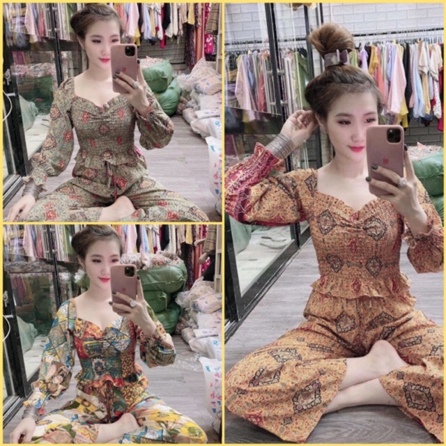 Bộ Thổ Cẩm Tay Dài Áo Ôm Lụa Mango
