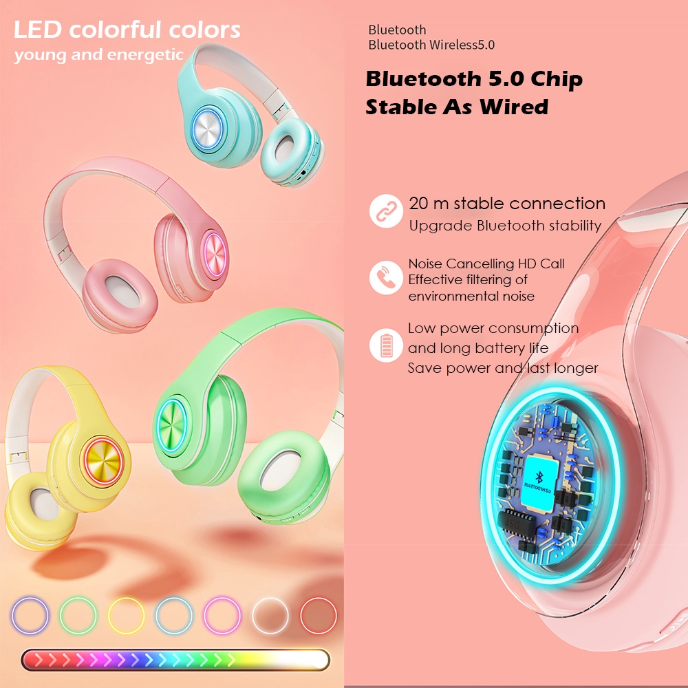 Tai Nghe Vitog Chụp Tai Không Dây Bluetooth 5.0 Màu Macaron Có Đèn Led Âm Thanh Hifi Tích Hợp Micro