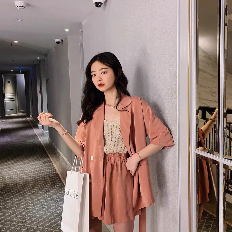 (HÀNG SẴN) Set blazers nữ cộc tay+ Quần shorts đùi giả váy màu hồng nhẹ nhàng cao cấp Hàn Quốc