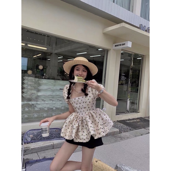 Áo Babydoll Hoa Nhí Cổ Vuông Tay Bồng Nơ Vai 2 Size SM