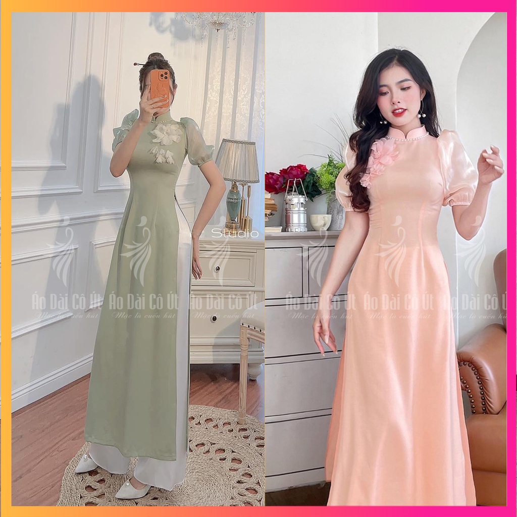 Áo Dài Truyền Thống Nữ Lụa Tây Thi Tay Bồng Phối Tơ Đính Hoa Thời Trang Cao Cấp Hàng May Sẵn