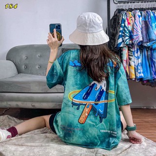 Áo thun unisex tay lỡ loang màu xanh in mũi tên Click