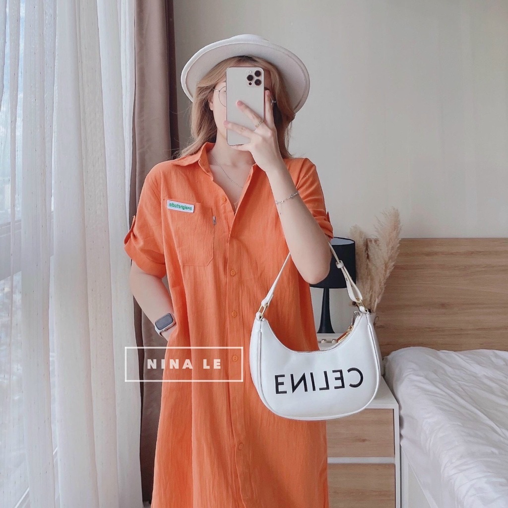 [8.8 Sales Freeship] Đầm sơ mi  tay bẻ lai trơn màu basic, đầm suông phối túi in hình mickey sau lưng cá tính, trẻ trung