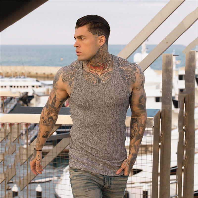 Men's Solid O Neck Sleeveless T Shirt Fitness Slim Fit Sports Strips Tank Top Male Fashion Singlets Summer Knitted Gym Clothing