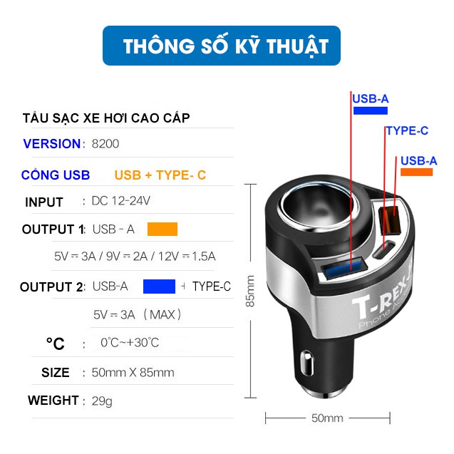 [Mã 2404EL10K giảm 10K đơn 20K] Tẩu Sạc Nhanh Xe Hơi, Ô Tô Quick Charge 3.0 Cao Cấp T-Rex SPace (4 Đầu USB và PD TYPE-C)