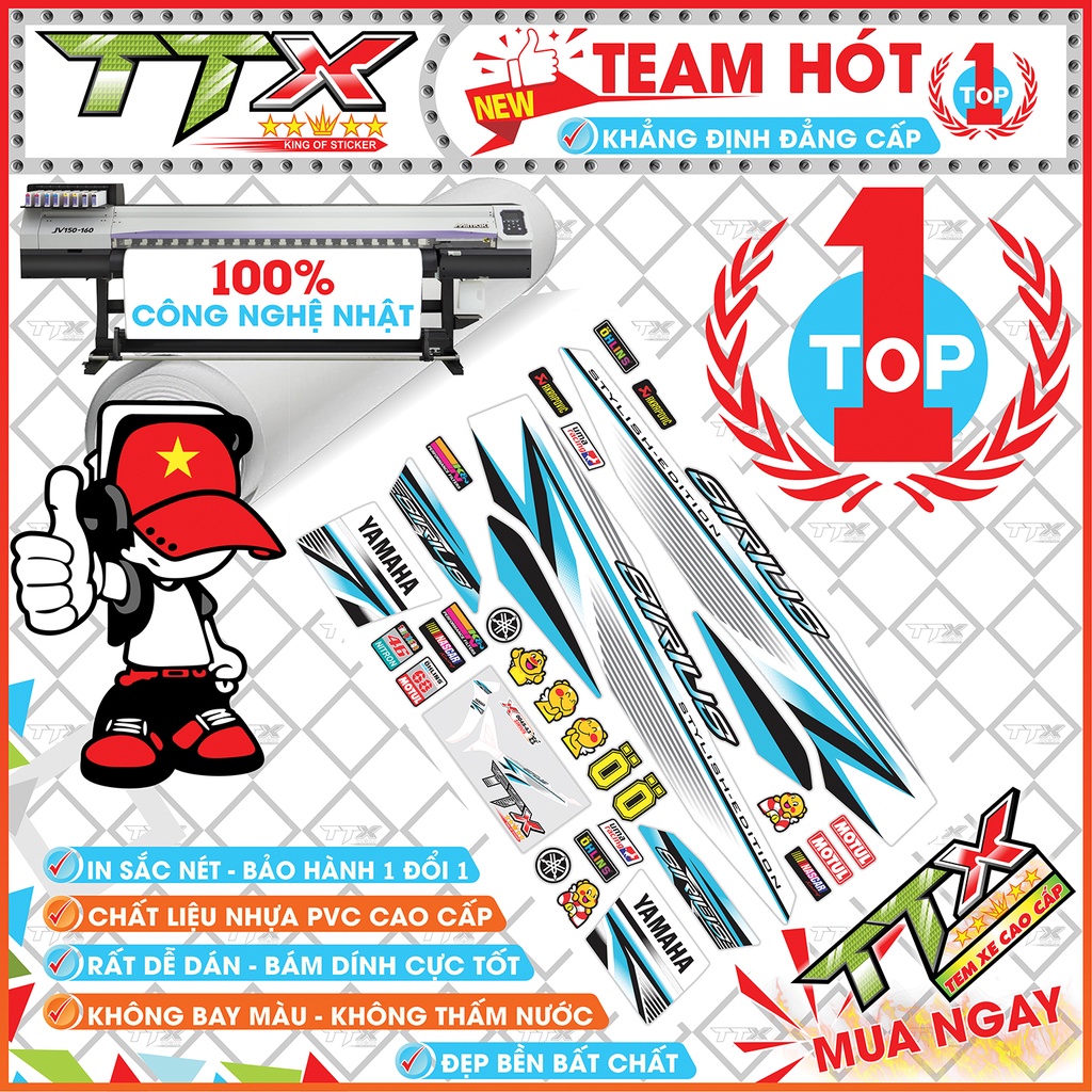 Tem rời sirius màu trắng viền xanh siêu hót tuyệt đẹp , Shop TTX Tem xe sirius mã