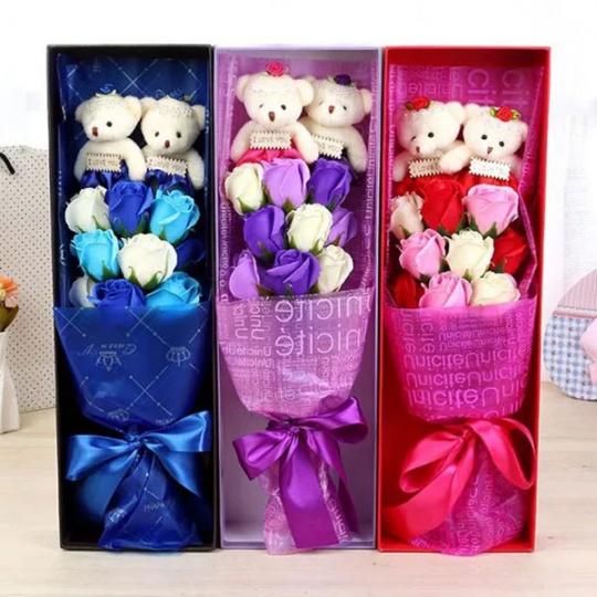 Hộp Hoa hồng sáp 9 bông 2 gấu hộp chữ nhật món quà ý nghĩa tặng người thân, bạn gái 14/2, 3/8, 20/10, sinh nhật