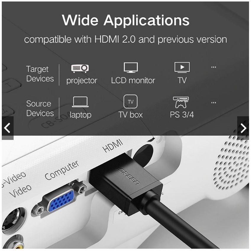 Dây cáp HDMI 2.0 Ugreen tròn dẻo, mạ vàng, chống đứt, 1080x1920p