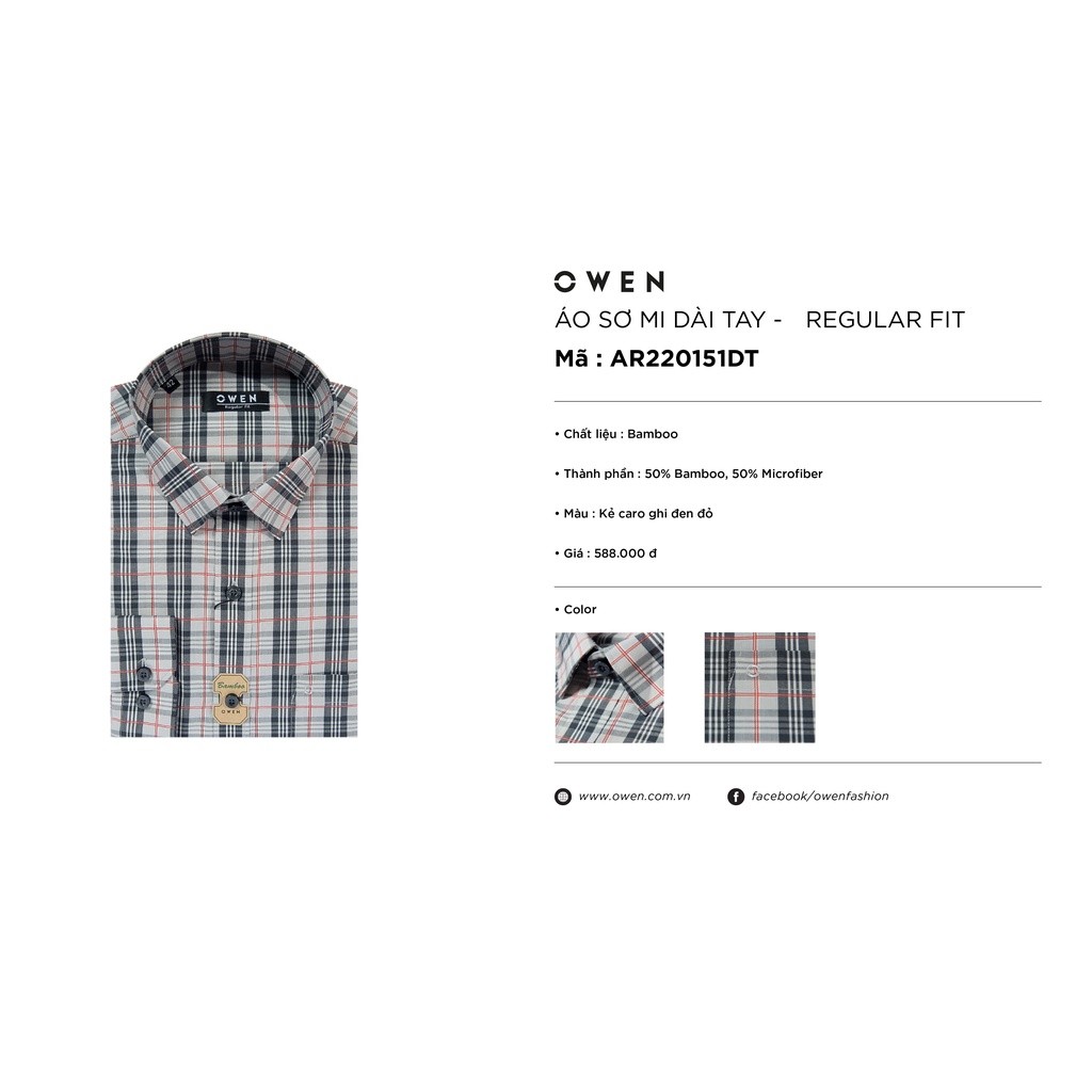 Áo Sơ Mi Nam Dài Tay OWEN AR220151DT Somi Công Sở Vải Sợi Tre Cao Cấp Màu Kẻ Caro Ghi Đen Đỏ Dáng Suông Tà Lượn Có Túi
