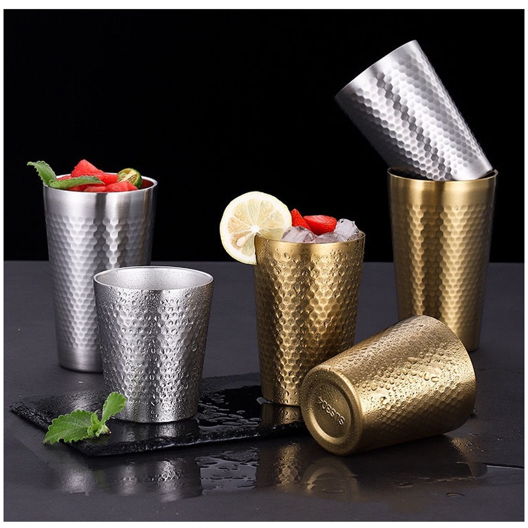 Cốc Uống Bia/Nước Ép Bằng Thép Không Gỉ 304 Họa Tiết Kim Cương Hai Lớp Màu Vàng Đồng Phong Cách Hàn Quốc Dùng Trong Nhà Hàng
