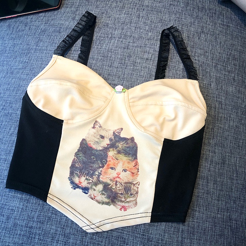 Áo Hai Dây In Hình Mèo Phong Cách Retro Quyến Rũ Thời Trang Mùa Hè
