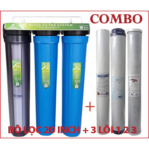 Combo bộ lọc nước sinh hoạt 3 cấp 20in 1 trong 2xanh ren phi 27 + bộ 3 lõi 20in (SẢN PHẨM ĐÃ BAO GỒM LÕI VÀ PHỤ KIỆN