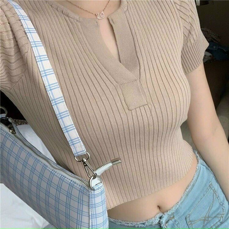 Áo thun gân len cổ tròn xẻ V 🐩🐩🐩ch