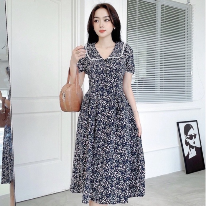 Đầm Hoa Đi Chơi NHẬT VY Cổ Bèo Viền Ren Đính Cúc Dáng Xoè Chất Mango Màu Hồng Đậm, Nhạt, Xanh, Đen, Hoa Vàng - D2360