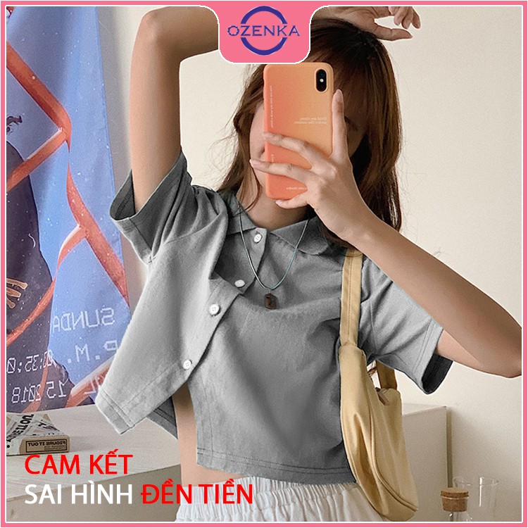 Áo croptop polo tay ngắn vạt chéo nữ Ozenka , áo thun ôm nữ có cổ cúc thật thun gân 100% cotton size dưới 50 cân