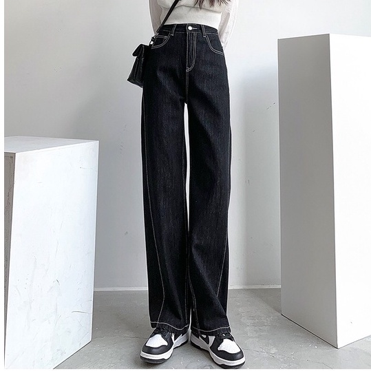 Quần Jeans Nữ Ống Suông Thiết Kế Đường Chỉ Nổi Cá Tính MIAA , Quần Bò Lưng Cao Dáng Suông Ulzzang Cao Cấp