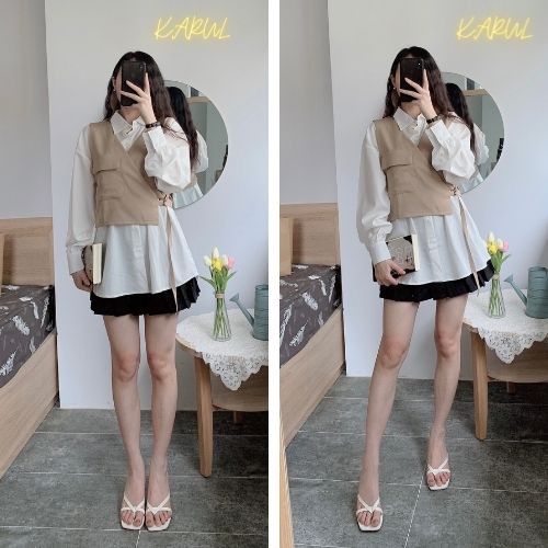 Set áo sơ mi  nữ trắng + yếm vai lệch , Set áo váy form dài cùng yếm đai lệch vạt 2 màu đen, be