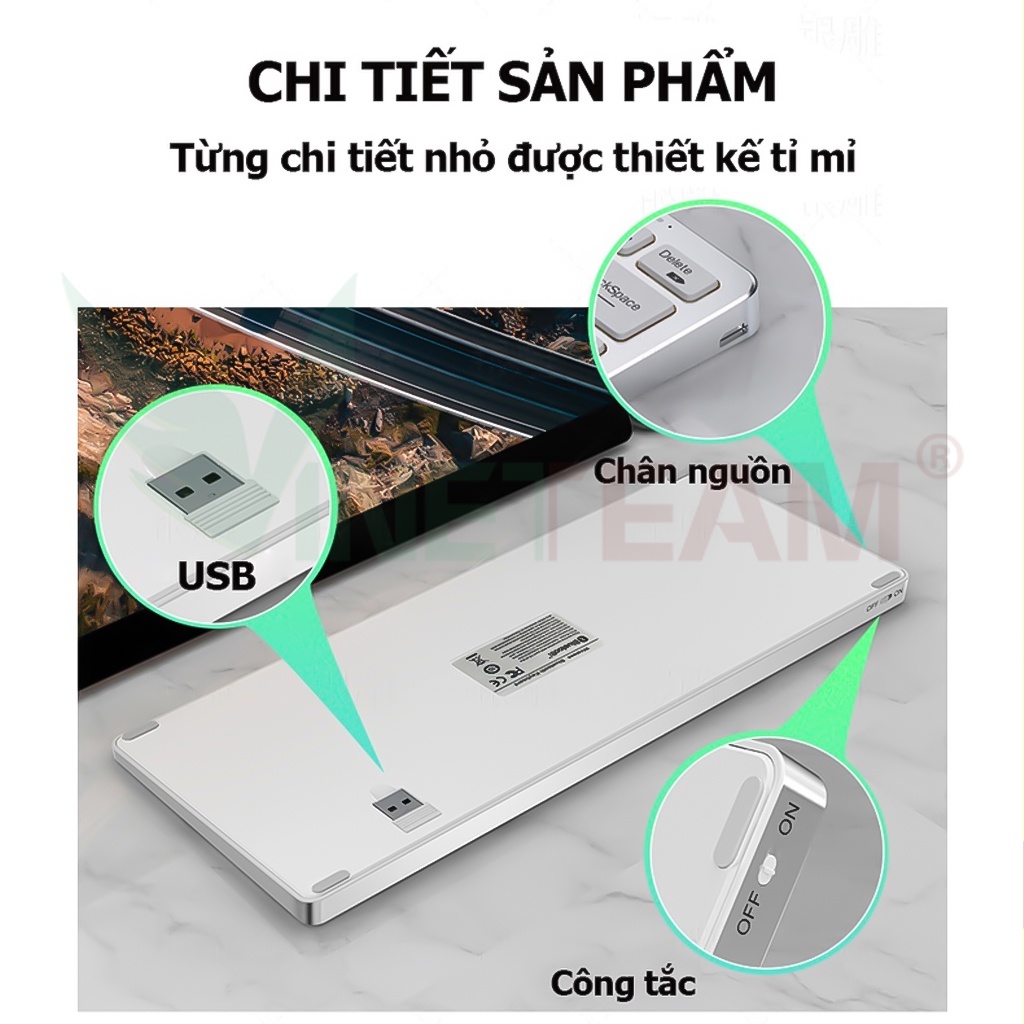 Bàn phím bluetooth không dây mini Vinetteam KB-1- đa kết nối 5.0 + 3.0 + Usb wireless 2.4G - pin sạc -4748