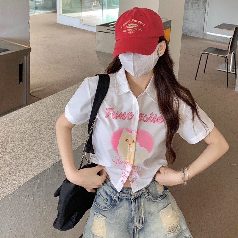 【ZHELIHANGFEI】Áo Sơ Mi Tay Ngắn Cổ POLO Lưng Cao Họa Tiết In Theo Phong Cách Preppy Dễ Phối Đồ